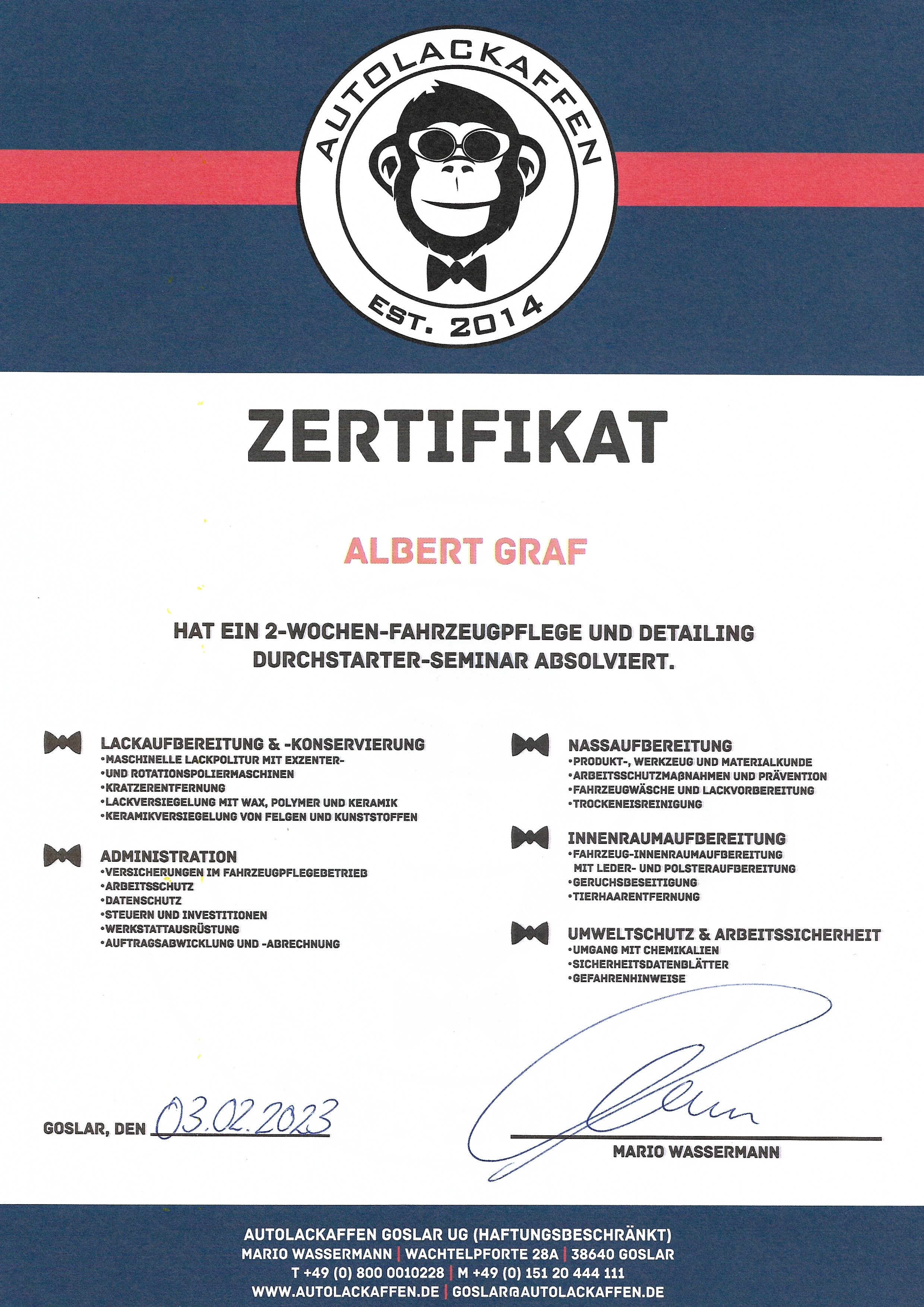 Autolackaffen Certificate